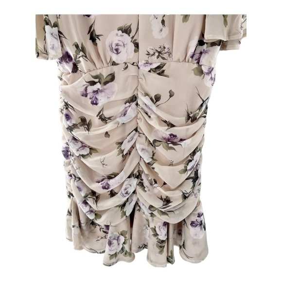 JUST ME Women's Medium Floral Taupe Dress Ruched Draped Above Knee size M - Picture 5 of 12